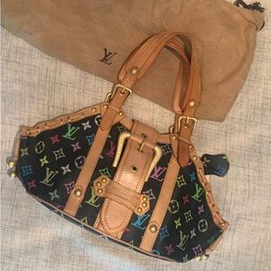 Vintage 2004 Louis Vuitton Theda bag. Black with multi colored monogram.